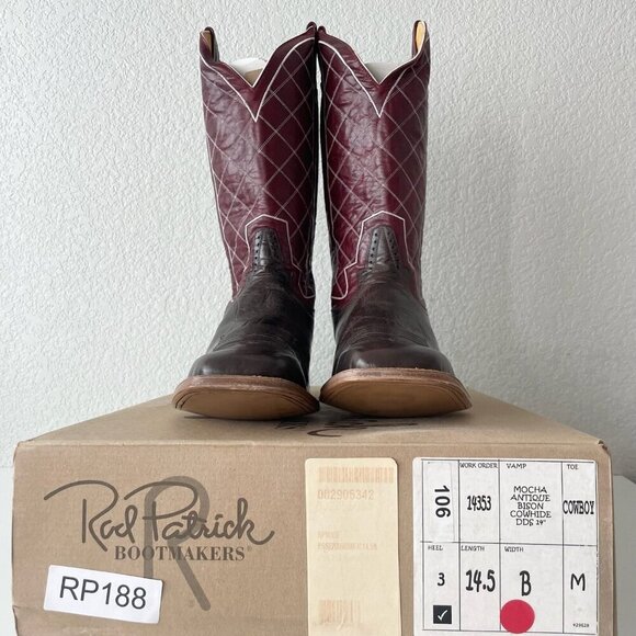 Rod Patrick Mens Cowboy Boots 14.5B Brown Mocha Bison Leather Square Toe Western - Picture 12 of 13